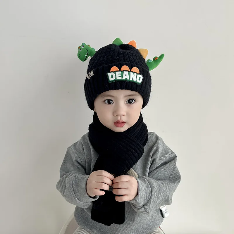 Doitbest Cartoon Warm Hats For Children Kids Beanie Sets Acrylic 3D Dinosaur 2 Pcs Boys Girls Winter Knit Hat Scarf Set Child