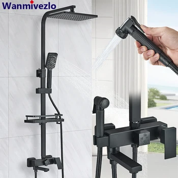 Rubinetto per doccia in ABS nero/cromato Miscelatore per doccia da bagno Gru girevole con beccuccio lungo 15 cm Set doccia a pioggia Doccia a spruzzo 1