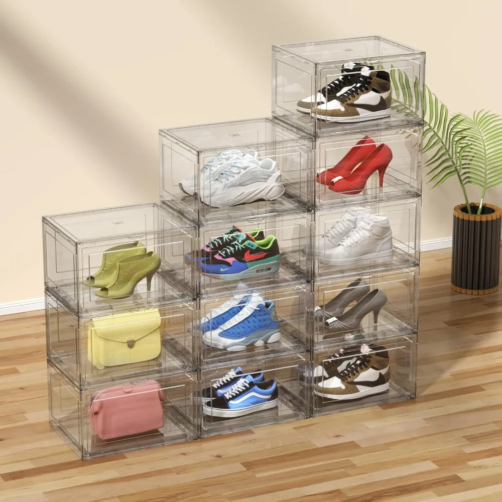 12 Packs Acrylic Shoe Boxes, Clear Plastic Stackable Acrylic Sneaker Boxes, Display Case for Sneaker Fits Up to US Size 15 4