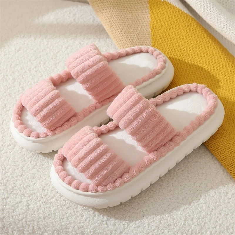 Double Straps Women's Home Slippers Fashion Corduroy Thick Bottom Cotton Slippers for Women Non Slip Indoor Bedroom Warm Slides