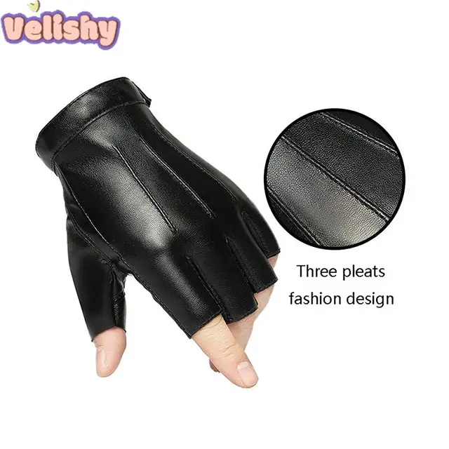 Fingerless Men Gloves PU Leather Motor Punk Gloves Male Mittens Black Half Finger Outdoor Tactical Mens Leather Driving Gloves 2