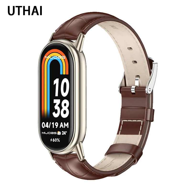 

UTHAI Leather Strap Suitable For Xiaomi Mi Band 8-Head Layer Calf Leather Strap With Thickened Bamboo Wrist Strap Accessories