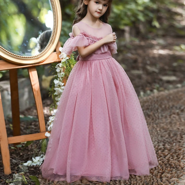 Vestido de princesa de encaje de tul largo elegante para niñas, de fiesta de malla con cuello barco para adolescentes, ropa boda de Color sólido para niños -