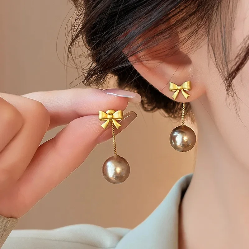 Fashion Elegant Imitation Pearl Gold Color Bowknot Dangle Earrings