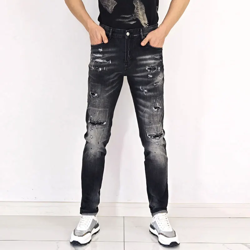 

Street Fashion Men Jeans High Quality Retro Black Gray Stretch Skinny Fit Ripped Jeans Men Vintage Designer Hip Hop Brand Pants