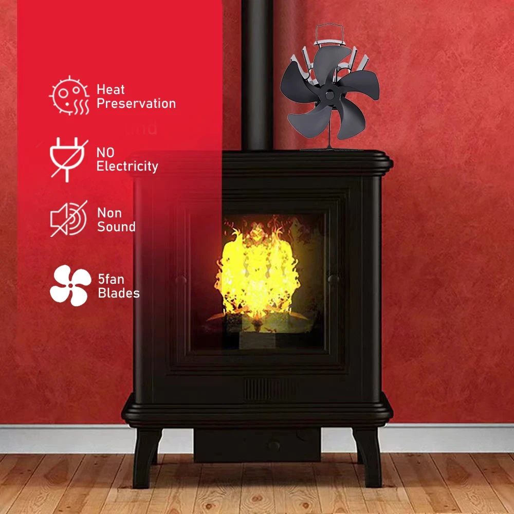 5 Blades Fireplace Fan No Electricity Required Heat Powered Stove Fan Log Wood Burner Eco Efficient Heat Distribution Burner