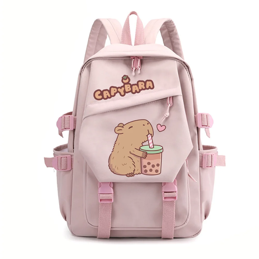 Anime Backpack for School Kids Girls Boys Leisure Simple Pink Schoolbag Anime Cute Capybara Loves Bubble Tea Travel Backpack Bag 5