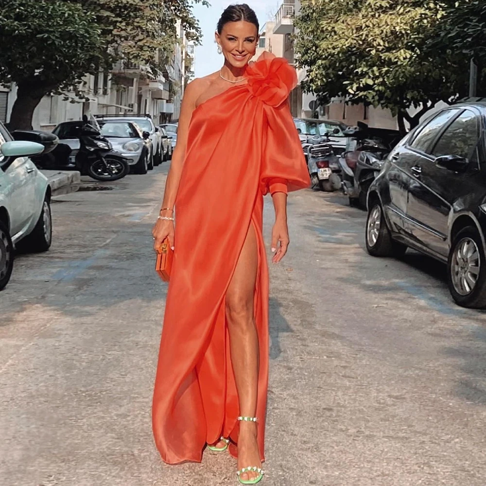 Classy Ombre Orange Chiffon Applique Evening Dress,One Shoulder Long Party Prom Dress cc2799 main image 0