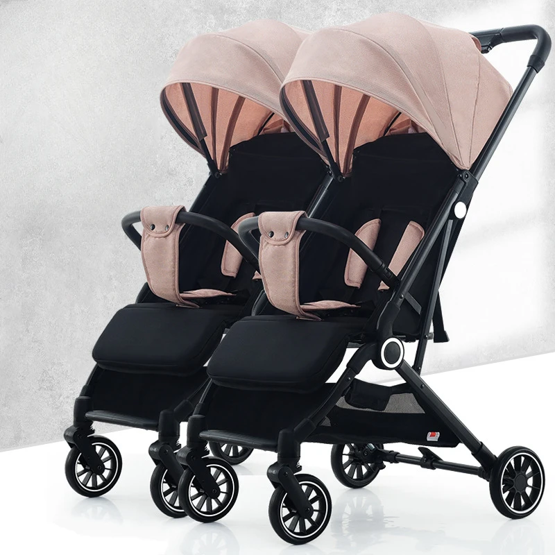 Double Bassinet Stroller for Twins, Split-Adjustable Reclining Seats, Ultra-Light Foldable High-View Pram with One-Key Collapse