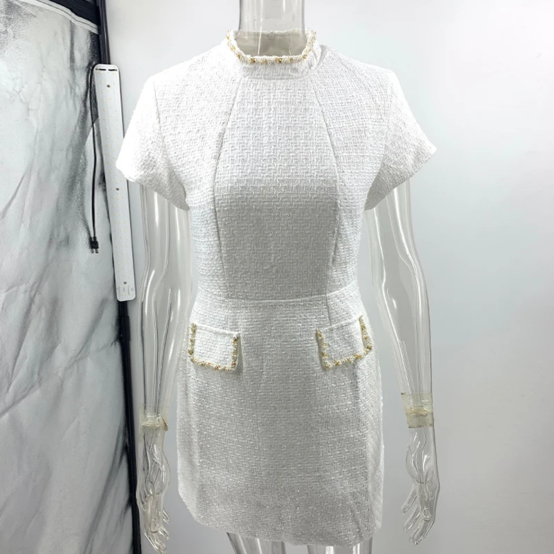 Elegant Tweed Mini Dress Women Square Collar Long Sleeve Shoulder Pads Dresses Female Autumn Lady HighStreet Robes