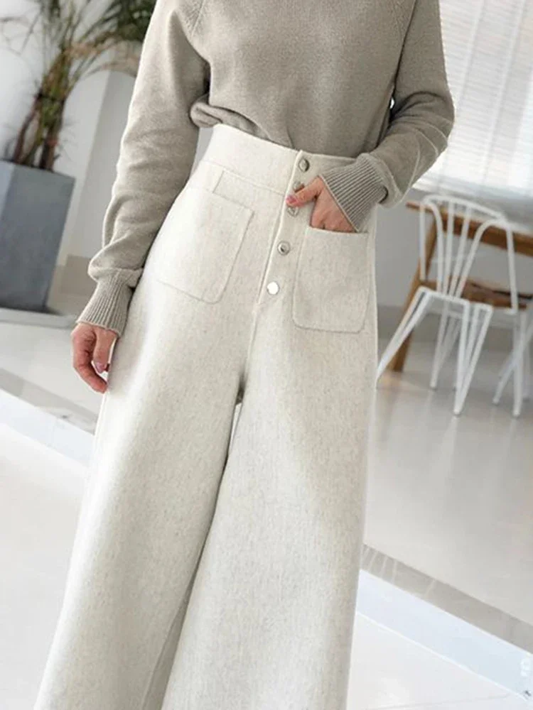 

Elegant High Waist Woolen Blend Wide Leg Pants Korean Fashion Fall Winter Warm Pantalones Casual Baggy Buttons Calcas New Z120