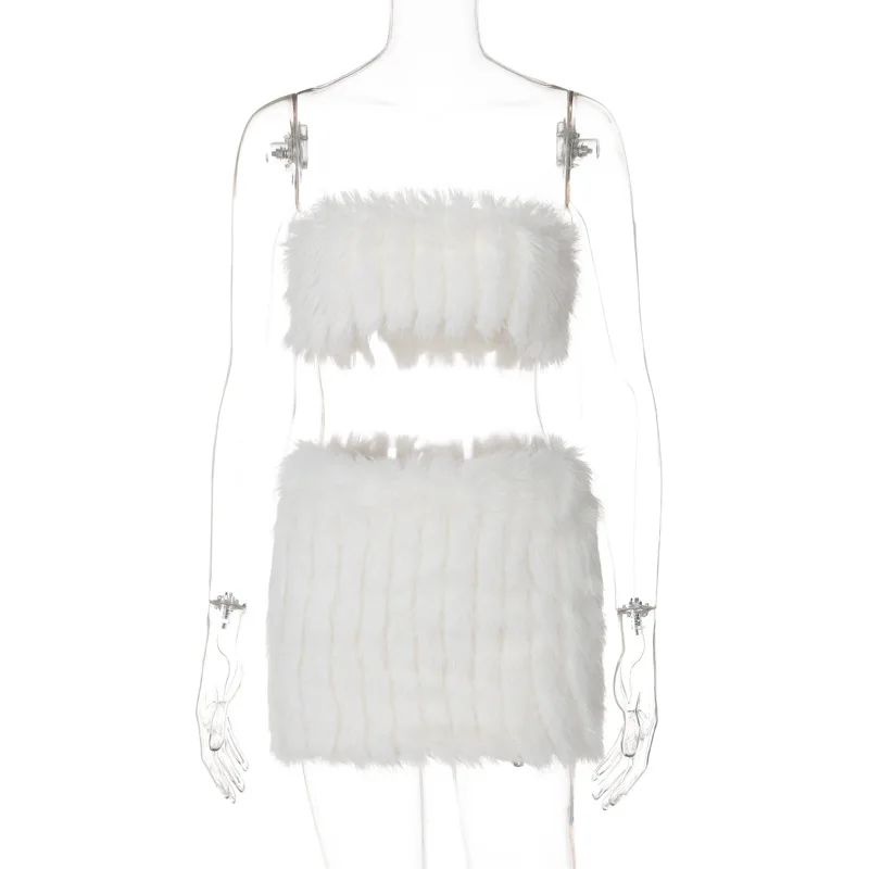 Splice Feather Skirt 2 Piece Sets Womens Outfits Sexy Off Shoulder Strapless Tube Tops 2025 New Warm Skirts Sets Women