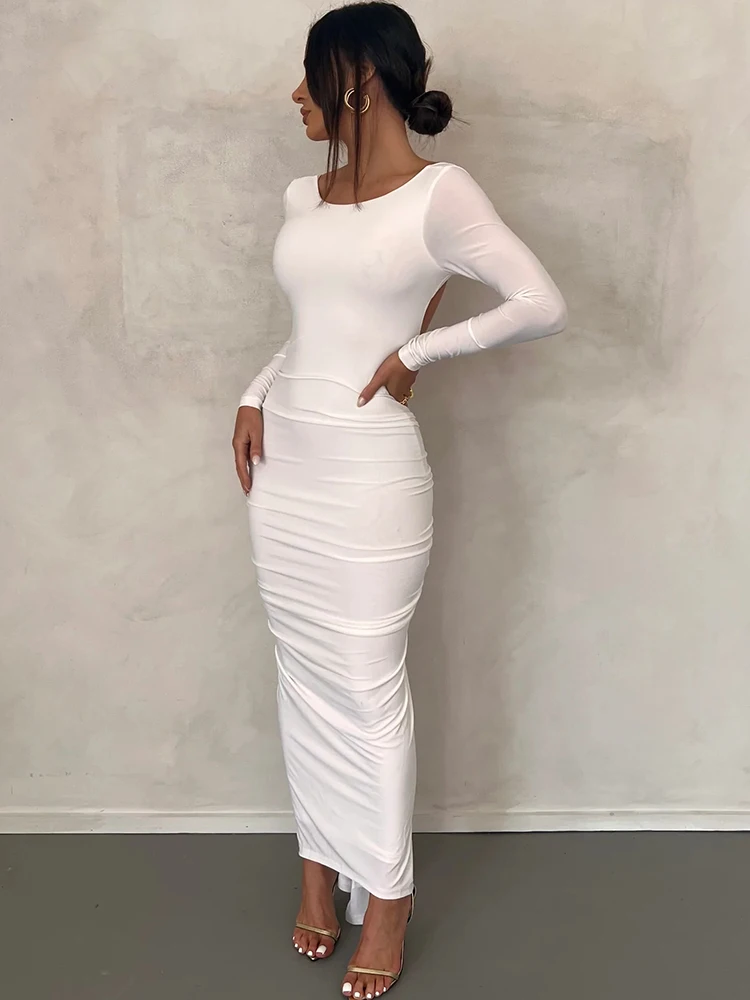Sexy Backless Ruched Maxi Dress Women White Long Sleeve Evening Dresses Female Autumn Skinny Elegant Party Clubwear 2025