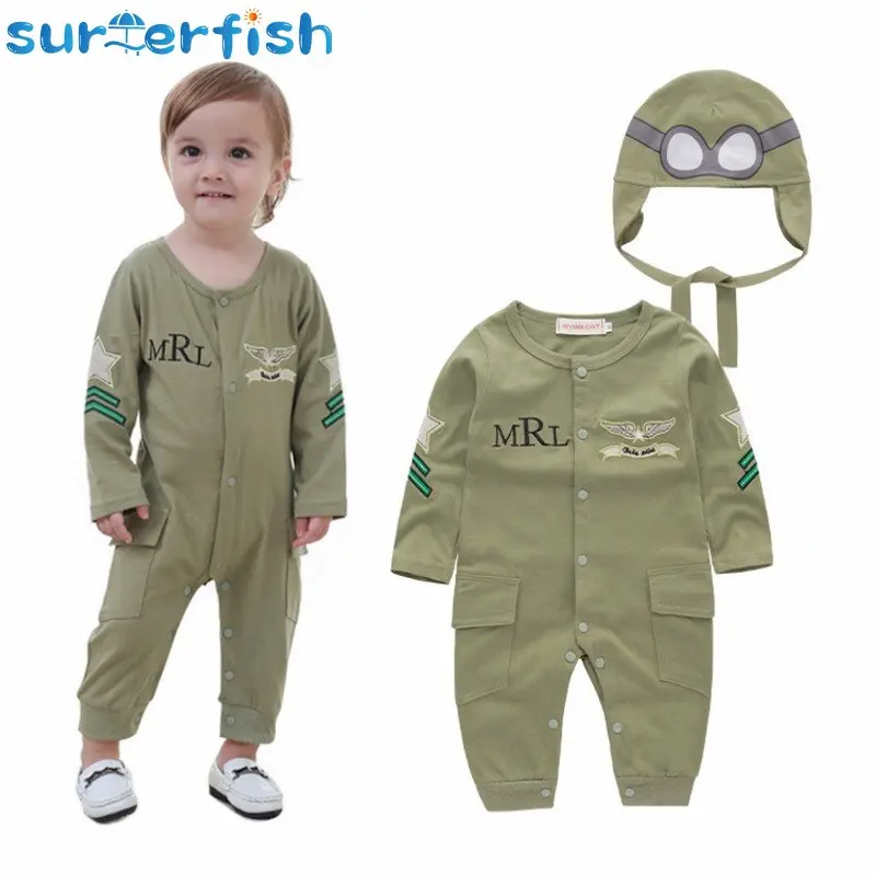  녹색 긴팔 파일럿 비행사 롬퍼 및 모자 세트, 소년 2 개 세트, 플레이수트 복장, 점프수트 롬퍼, 할로윈 의상