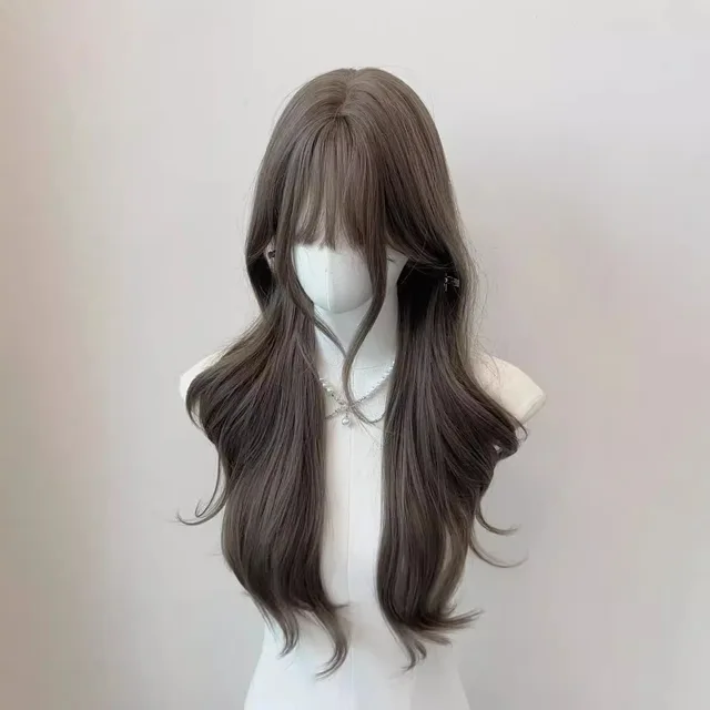 Gray brown neat bangs large wave synthetic wig | high quality soft hair natural headgear | suitable for daily wear 2
