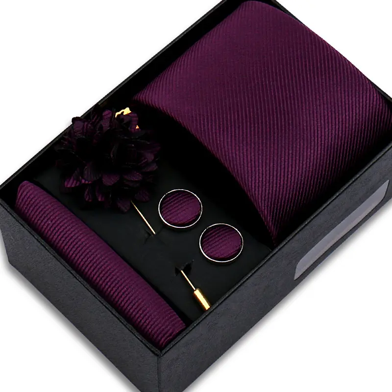 Top Quality Solid color Ties Hanky Cufflinks Brooch Set Elegant Jacquard Necktie For Men Business Wedding In Gift Box Gravatas - Image 18