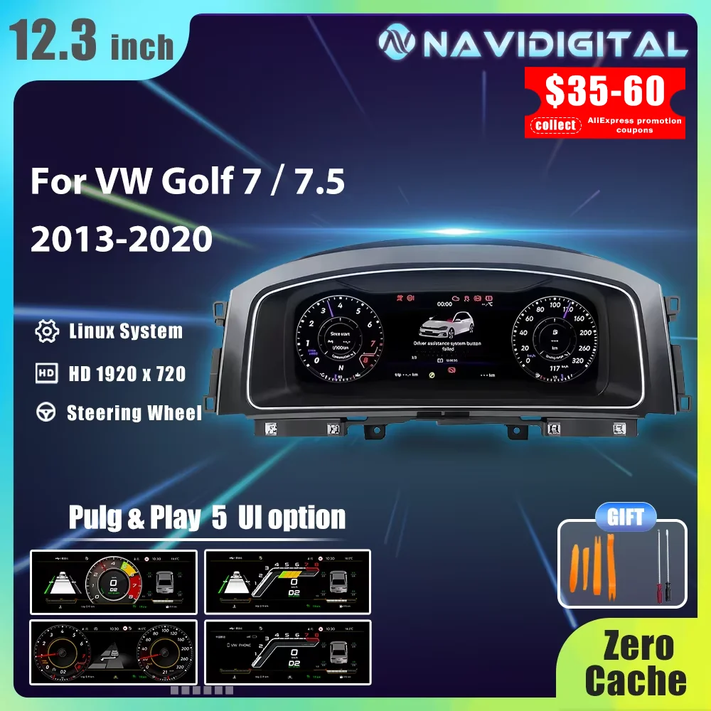 12.3‘’ Navidigital Dashboard Cluster For VW Golf 7 MK7 2013-2020 Years Support HDMI Carplay Radio Instrument Panel Cockpit