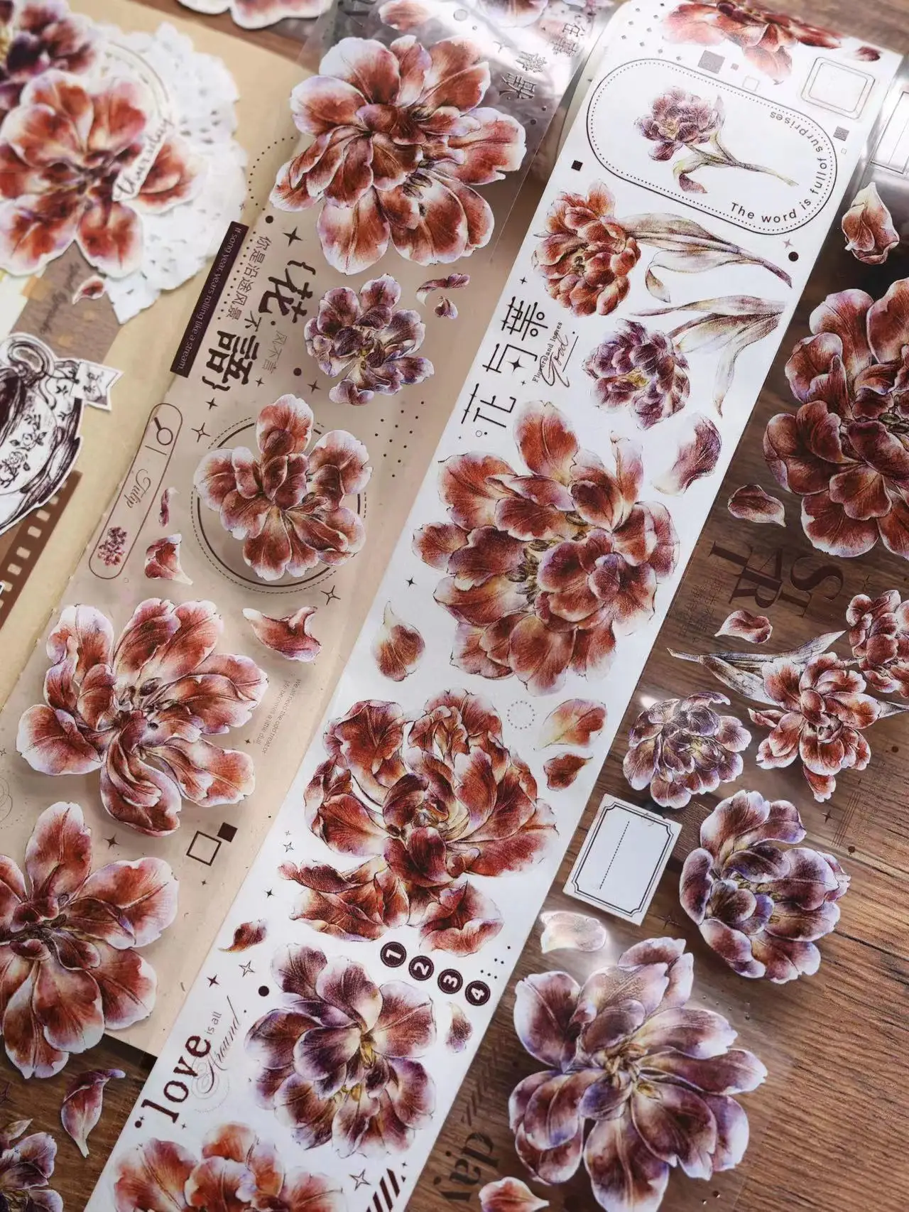 Vintage Tulip Peony Floral Washi PET Tape for Planner Card Making DIY Scrapbooking Plan Decorative Sticker