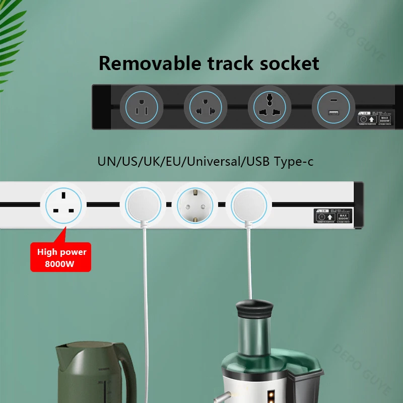 Removable Power Track Socket Round Function Adapter Plug,EU FR UK US USB C Universal Wall Electrical Track Outlet Office Kitchen