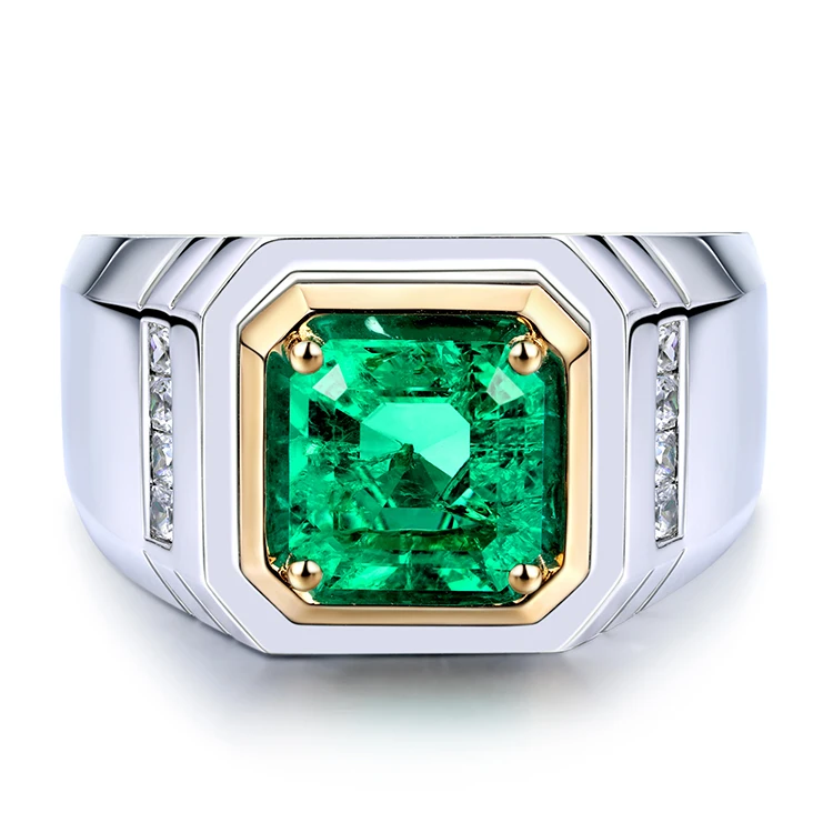 Rings for Men Silver 925 Sterling Asscher Cut Lab Created Emerald 2.373 Carat Men Rings Male Diamond