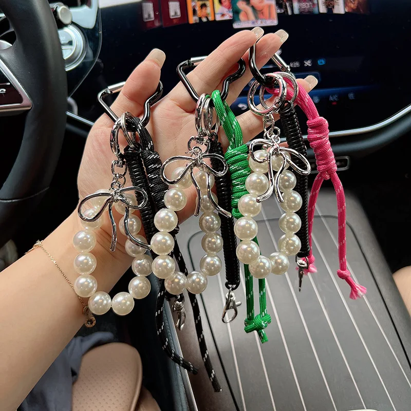 Korean Sweet Pearl Bow Keychain Heart Pendant Y2K Aesthetic Key Holder for Girls Bag Accessory