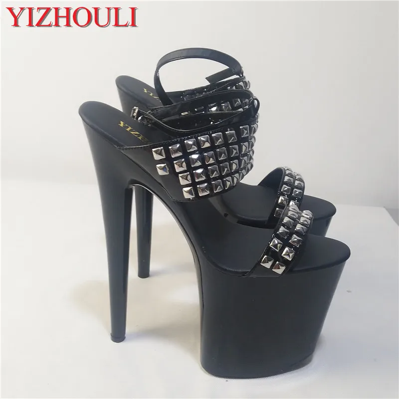 

New style rivet decoration, ankle strap buckle, 20 cm high stilettos, waterproof platform dance shoes