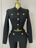 2025 New High Quality Golden Buttons Short Coat Top And Flare Pants  Bandage 2 Pieces Set Woman Celebrity Evening Party Vestidos - Image 5