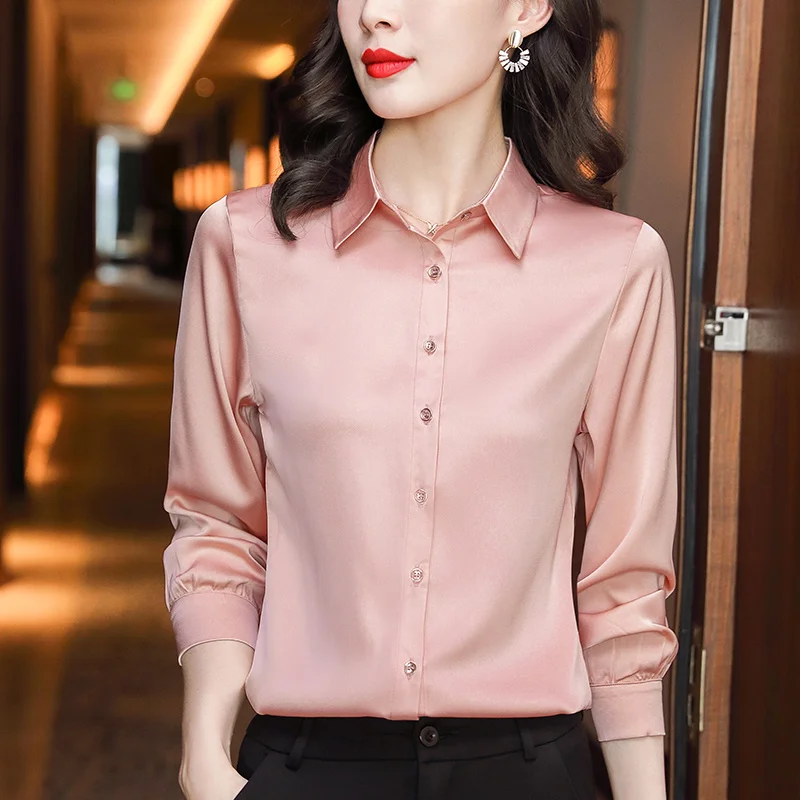 Women'S Solid Color Slim Fit Versatile Long Sleeved Chiffon Cardigan Shirt New Spring And Autumn Lapel Professional Fashion Top
