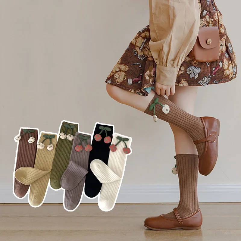 

3-8Y Kids Knee High Sock Children Stockings Baby Girls Autumn Solid Knitted Long Socks Girls Cute Cherry Cotton Socks