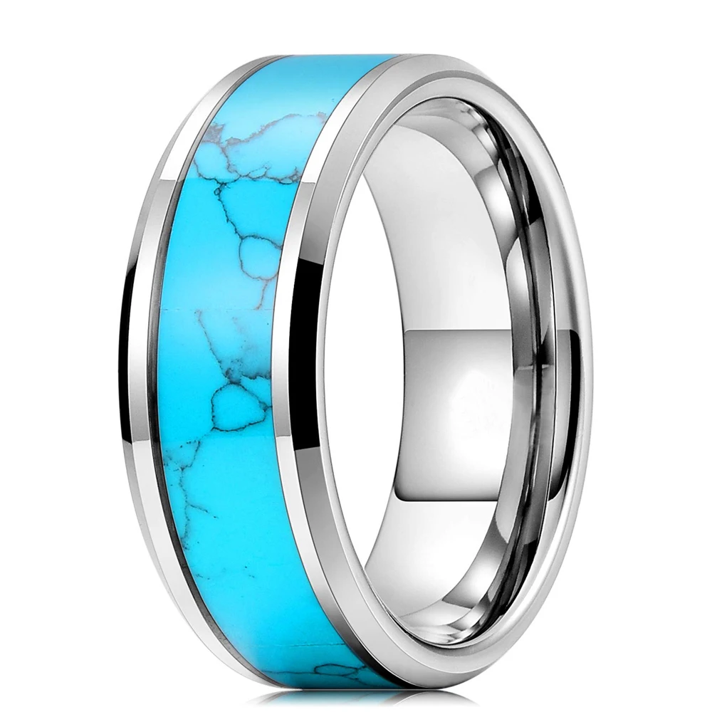 

Fashion 8mm Men Silver Color Titanium Wedding Ring Blue Zircon Stone Inlaid Polished Flat Ring For Men Wedding Band Jewelry