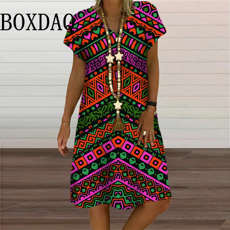 

Ethnic Style Women Multicolour Geometric 3D Printed Dress Summer Casual Pullover Short Sleeve Midi Dress Loose Plus Size Clothes
