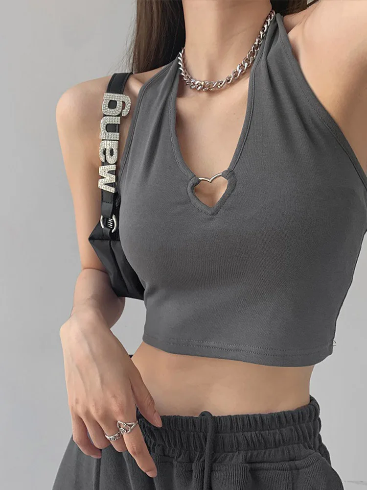 Women V Neck Hearted Hollow Out Halter Camis Tank Tops 2025 Summer Fashion Slim Cropped Lace Up Camisole