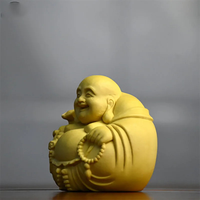 Yabai-Boxwood Carving, Contracted. Maitreya Buddha Handicraft, Laughing Buddha Ornaments, Hand Playing with Pieces of Statione