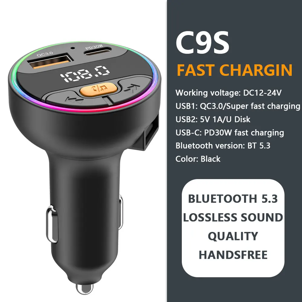 Premium Bluetooth 5.3 Car FM Transmitter with Wireless Hands-Free, USB-C Fast Charging, and MP3 Audio Adapter