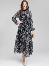  Women's Runway Dresses O Neck Long Sleeves Printed Elegant Fashion Casual Mid Designer Dress Vestidos 