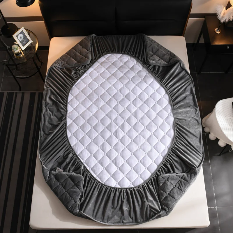 Coral FleeceThicken Quilted Mattress Cover Short Plush Quilted Bed Fitted Sheet Queen Double Bed Cover Not Including Pillowcase