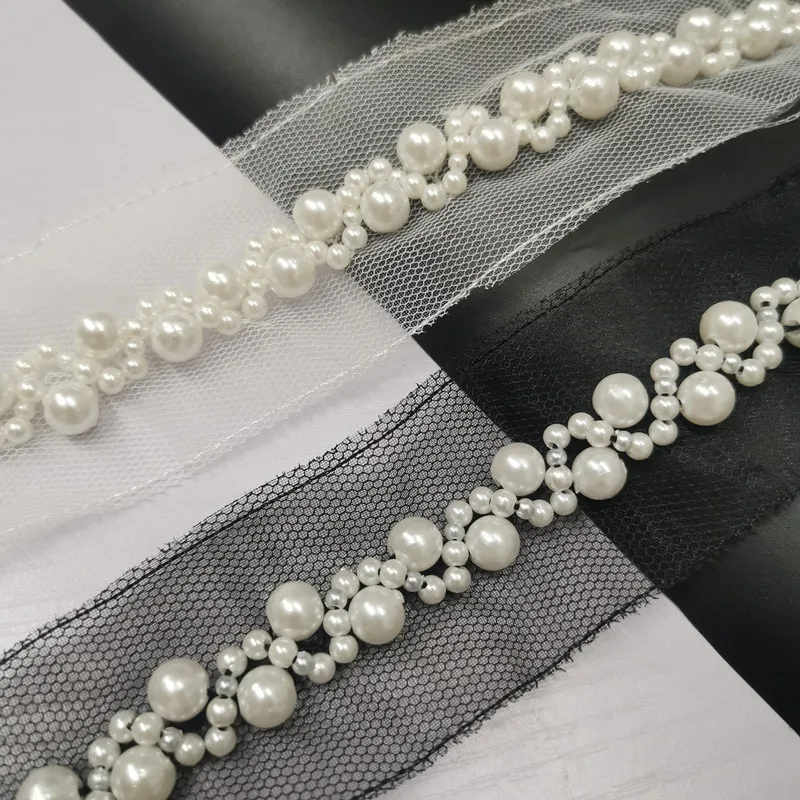 Pearl Beaded Lace Trim With Rhinestones, Rhinestone and Pearls Beading Trim  by the Yard 