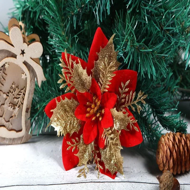 1pcs 14cm Glitter Artificial Christmas Flowers Xmas Tree Ornaments Merry Christmas Decorations for Home New Year Gift