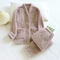 2026 New Winter Flannel Nightwear Set V-Neck Plush Thickened Coral Plush Solid Color Home Fur Long Sleeve Pants Two Piece Set - Image 3