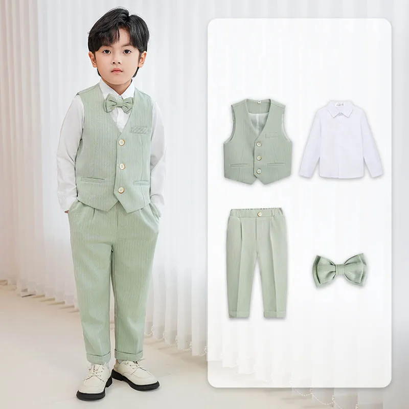 OLEKID Kinderanzug für Jungen, Hochzeitsanzug im britischen Gentleman-Stil, Weste und Hose, Klavier- und Bühnenkostüm für Jungen von 1-10 Jahren, grünes Auftrittsoutfit – Detail 19