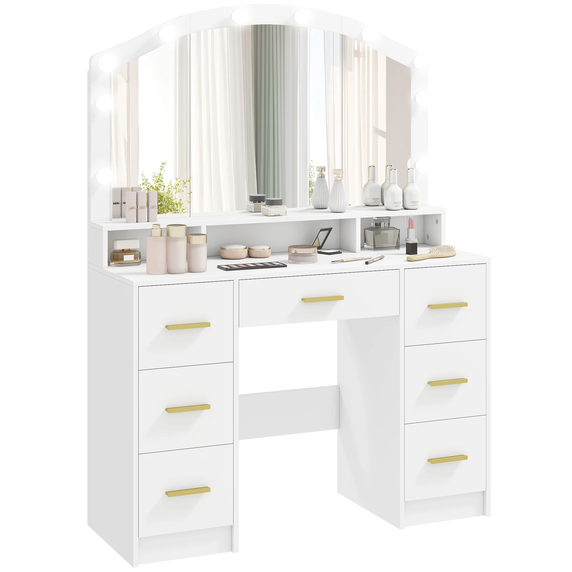 Toeletta Homcom con 10 luci a LED di 3 colori, Toeletta per trucco con specchio, Tavolo per trucco con 7 cassetti, 3 scomparti, Moderna, per camera da letto, Soggiorno, Bianco
