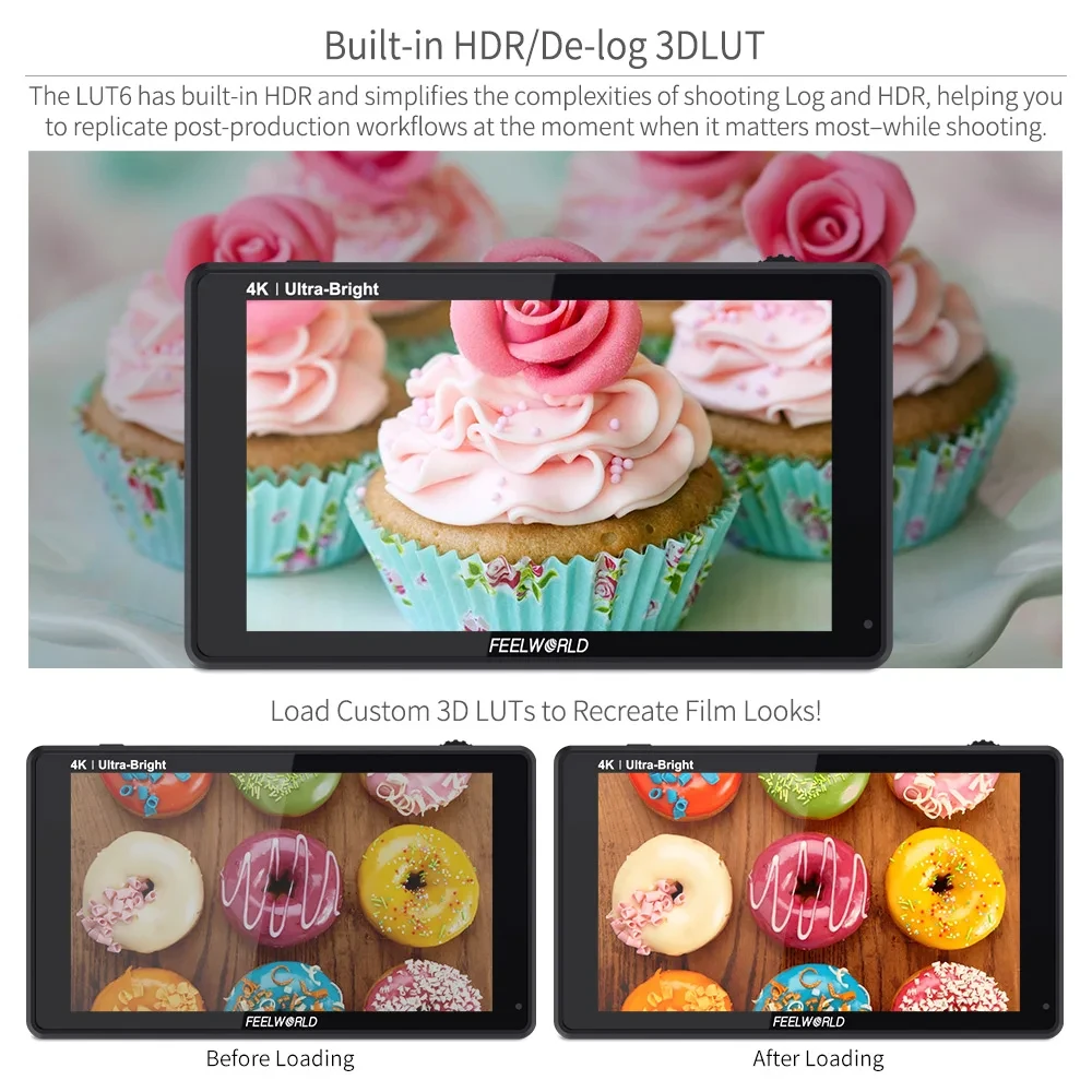 Фото Сенсорный экран FEELWORLD LUT6, 6 дюймов, 2600 нит, накамерный полевой монитор HDR/3D LUT 4K HDMI 1920X108 0 IPS №4