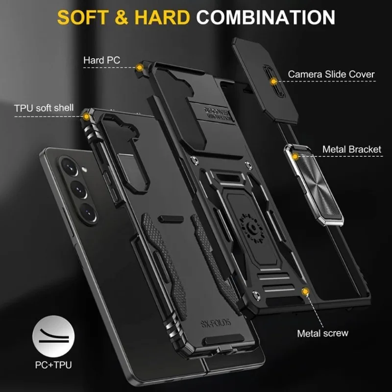 Military Armor Slide Lens Phone Case with Ring Stand and Magnetic Holder - Anti-Drop Protection Cover