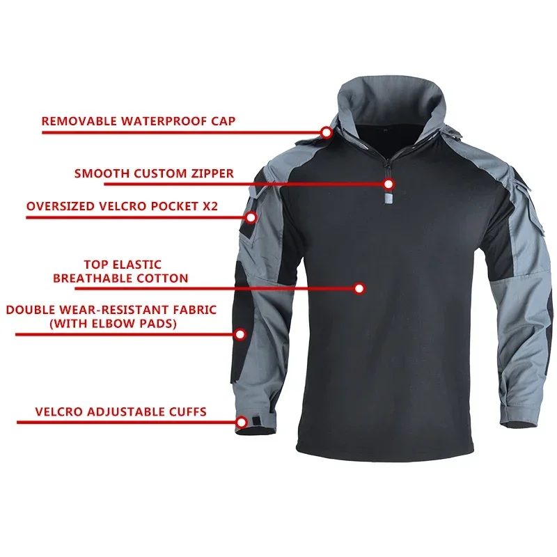 Outdoor Hiking Shirts Camo Combat T-Shirt Hooded Men Tactical Shirt Airsoft Paintball Training Hunting Clothes Wear-resisting 3