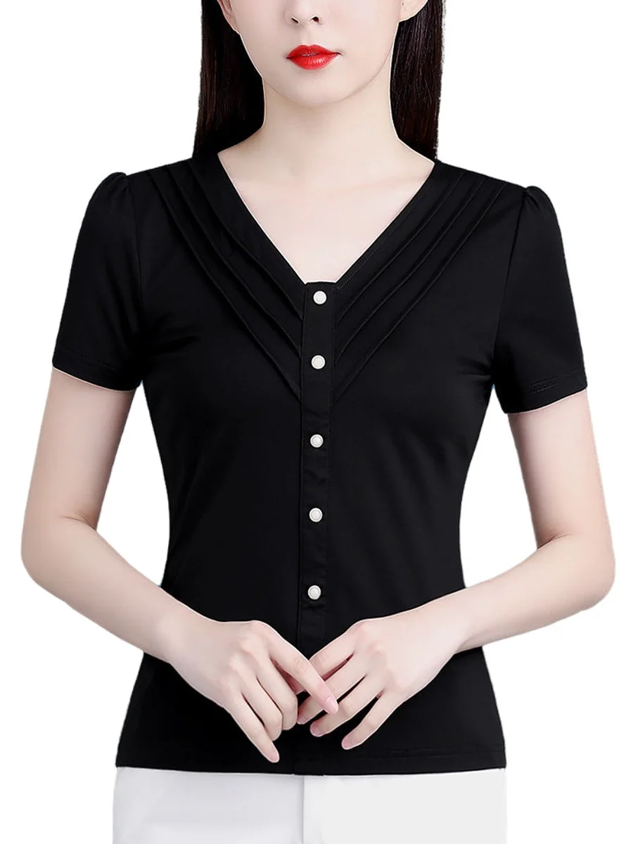 

Женская весенне-летняя блузка, однотонная, приталенная, с коротким рукавом, V-образным вырезом, 4XL, G2113