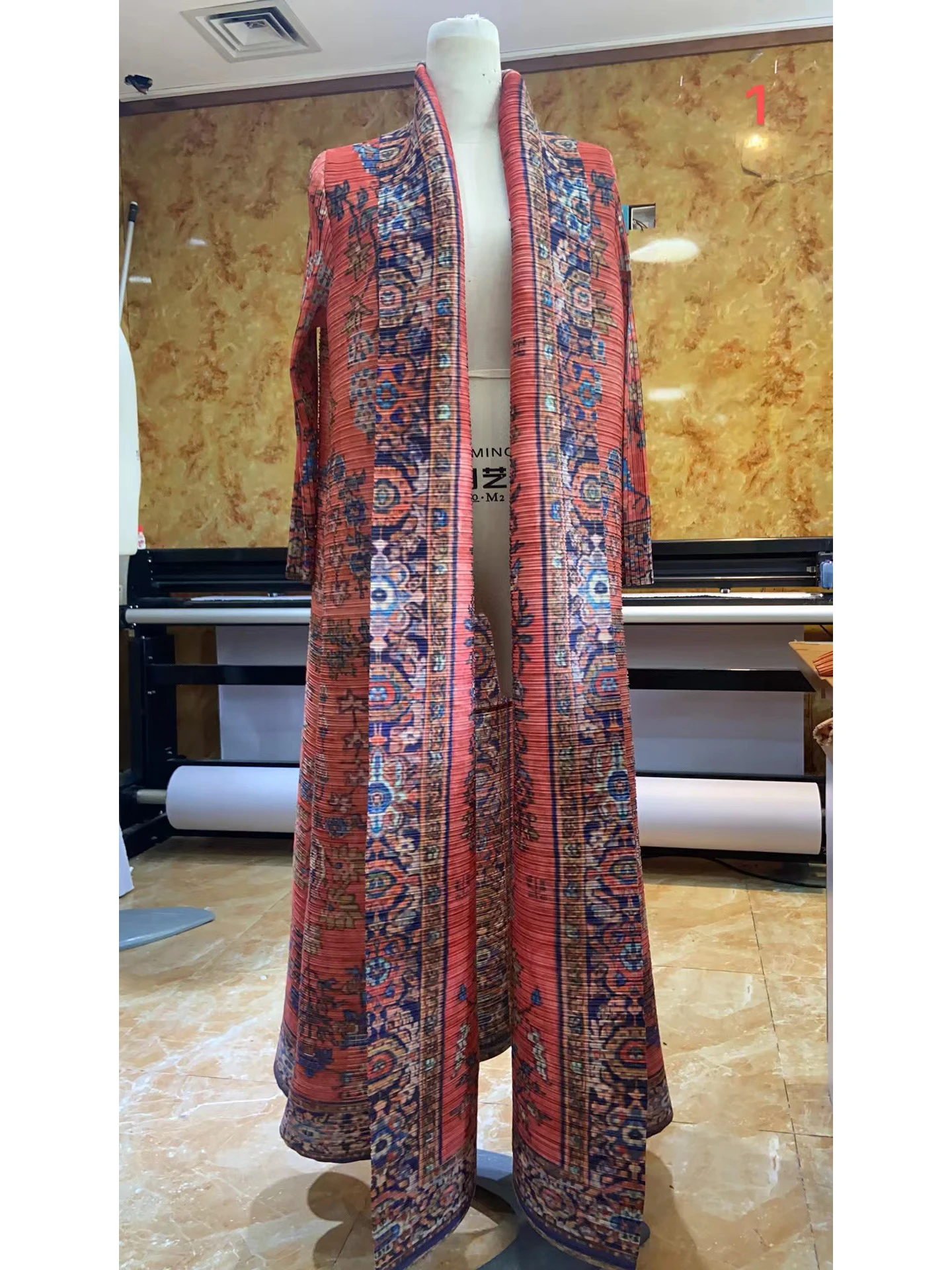 Miyake Pleated Vintage Printed Turn-down Collar Long Sleeve Long Jacket Women Designer Abaya New Dubai Fashion Plus Size Coats 4
