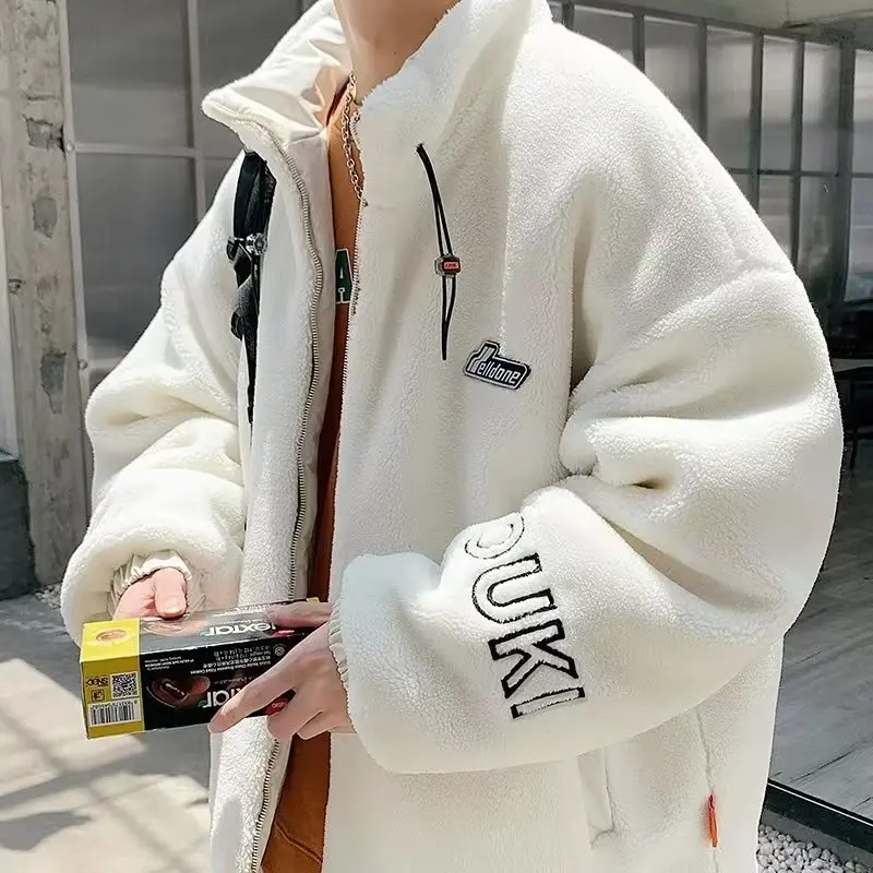 Lamb Cashmere Cotton Coat Men's Winter 2022 New Loose Fashion Coat Hong Kong Fashion Label Stand Neck Drawstring Cotton Coat