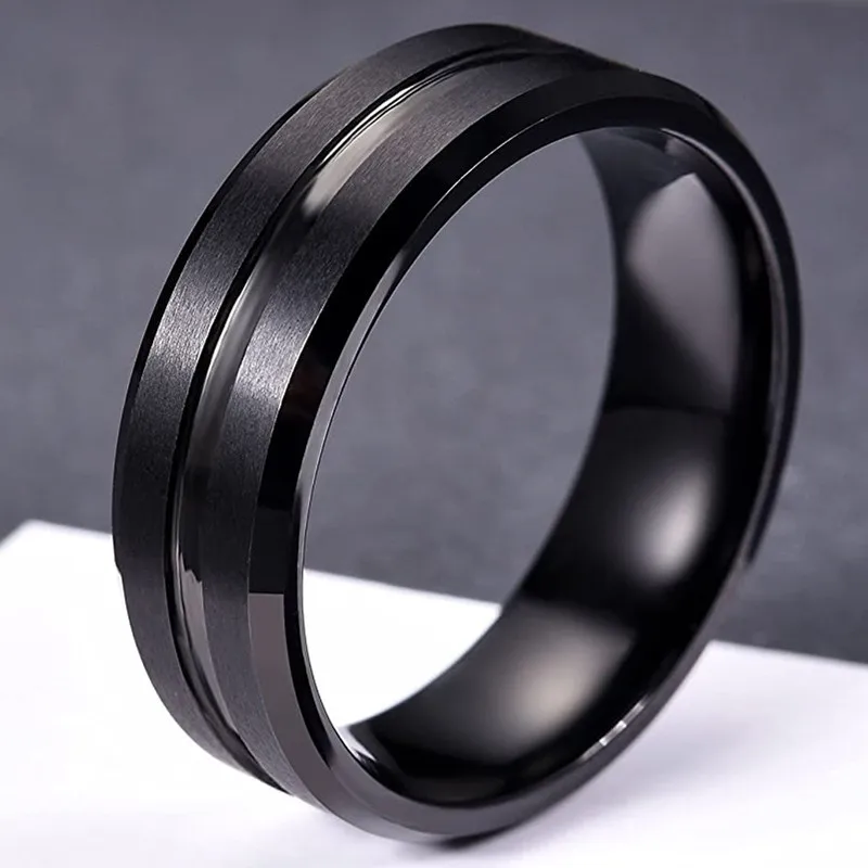 Men's Black Tungsten Beveled Edge Wedding Band with Groove Design