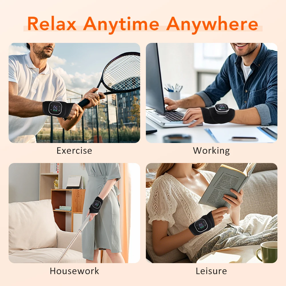 Red Light Wristband Heating Vibration Cordless Wrist Massage Pad for Hand Joint Relief 5 Levels Hot Compress Massager Wrap Brace