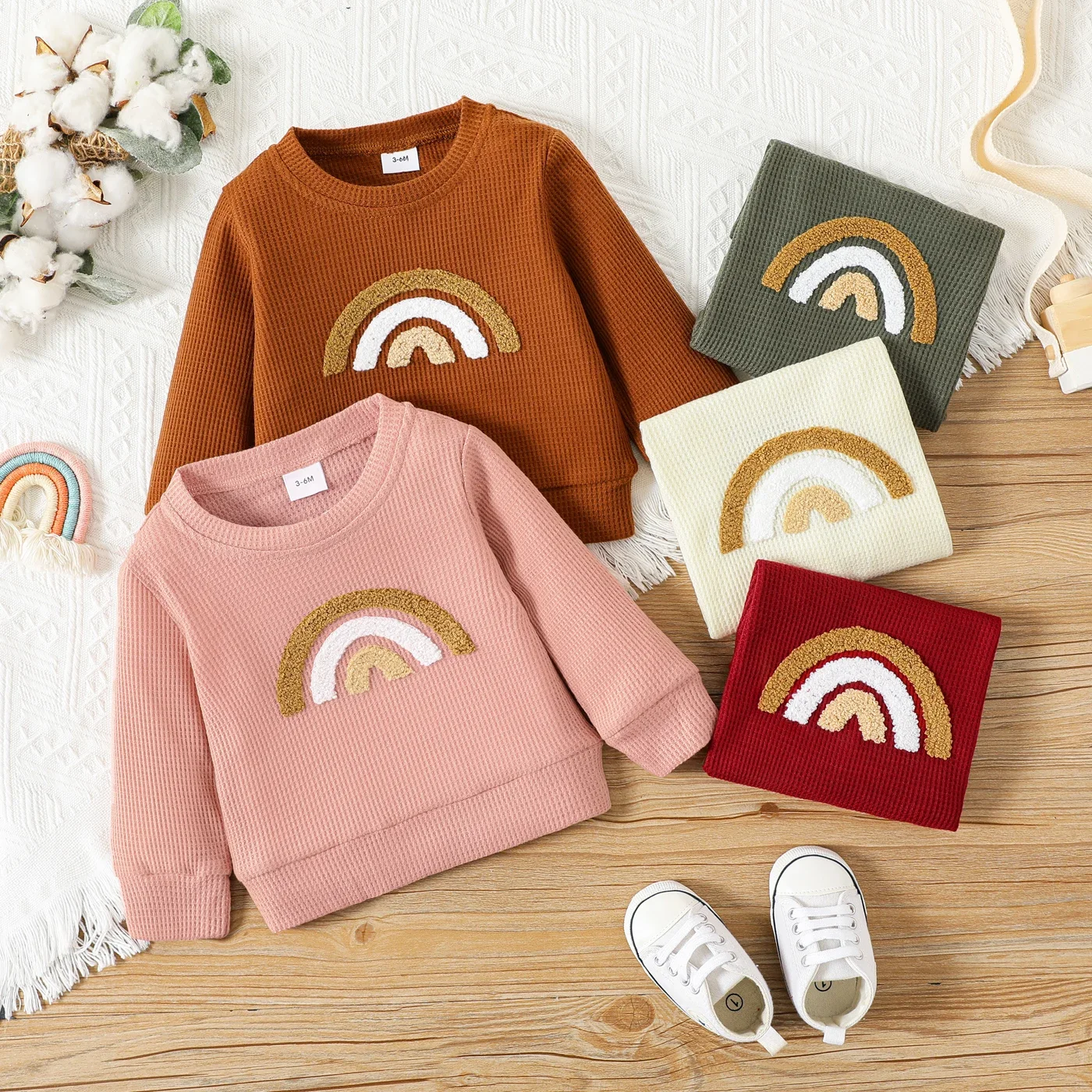 PatPat Baby Boy/Girl Rainbow Pattern Waffle Long-sleeve Pullover Sweatshirt Perfect for Outings and Daily Wear Basic Style girl sweatshirt kids sweatshirt